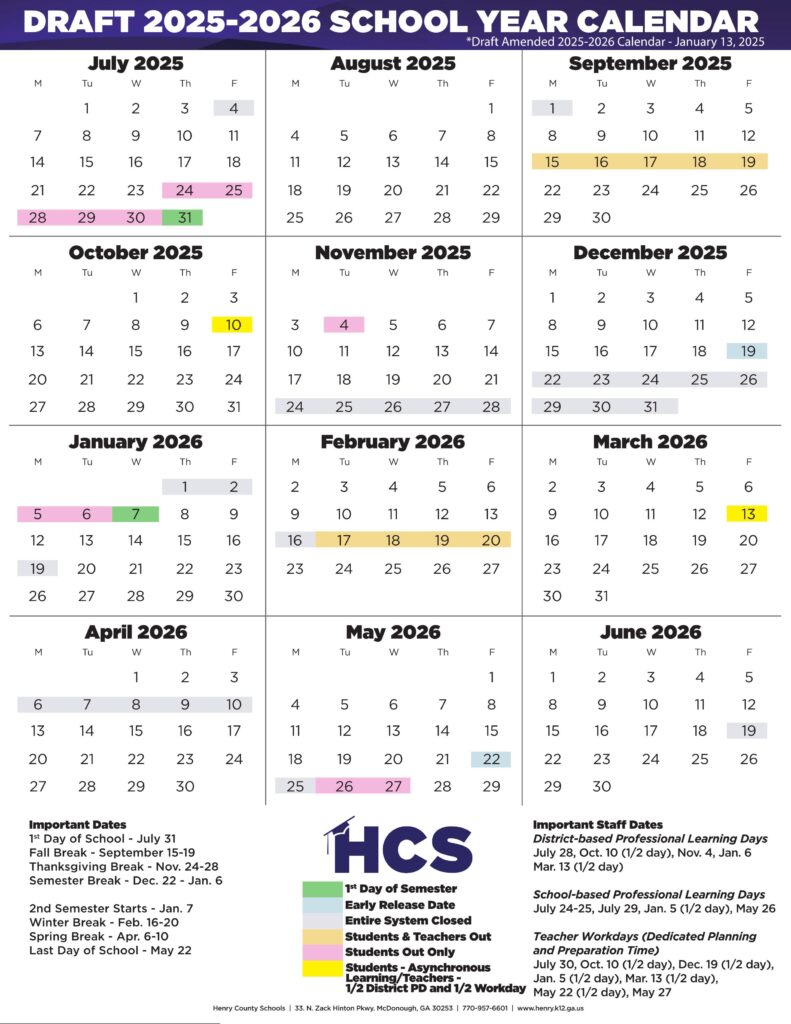 Henry County HCS Schools Calendar 25-26