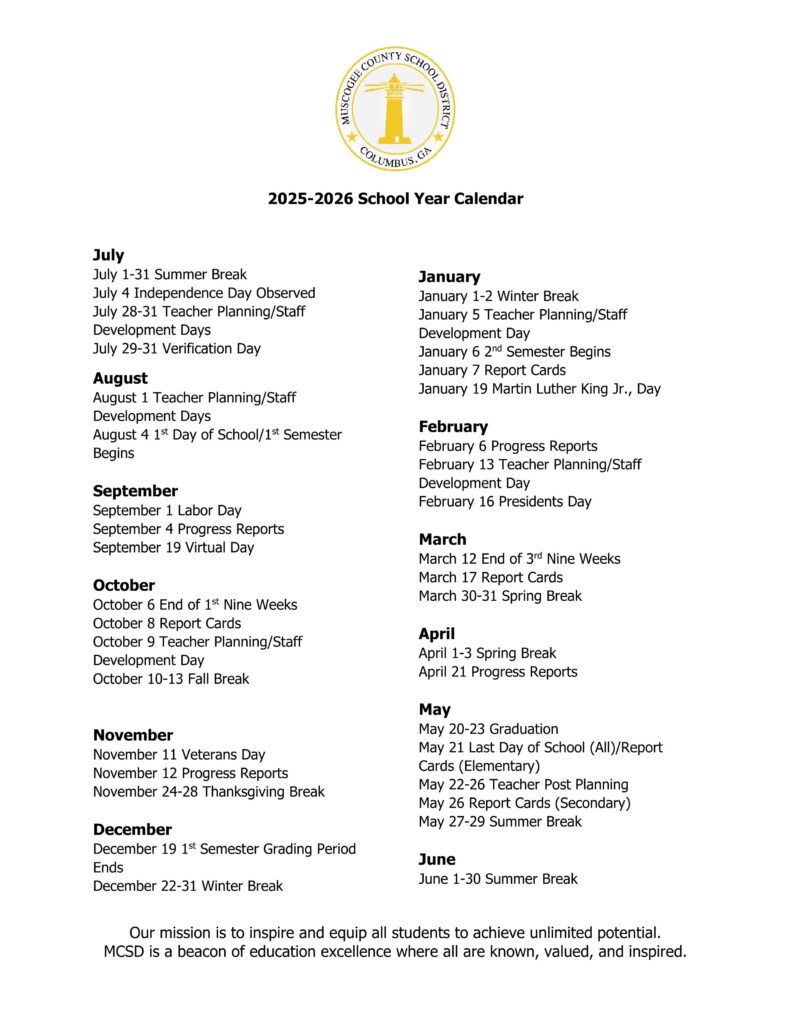 muscogee school calendar ga 25-26