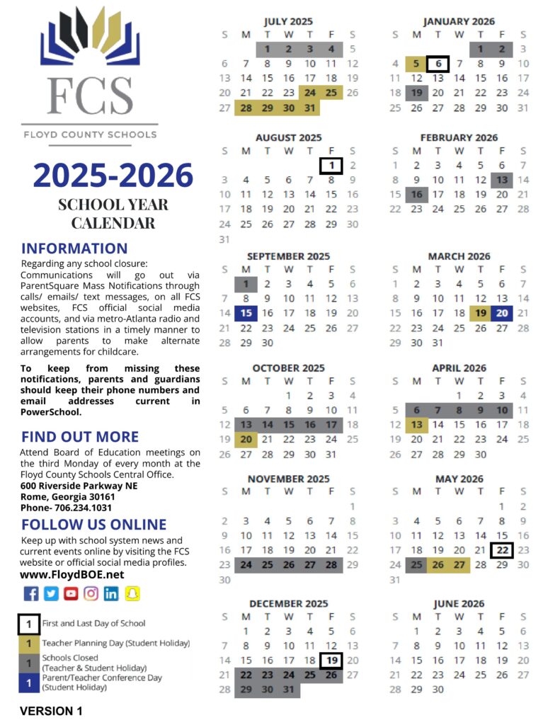 Floyd County schools calendar 25-26 ga