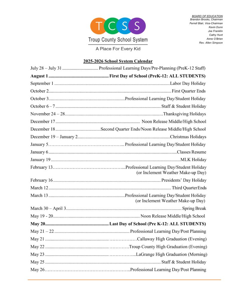 Troup County schools calendar 25-26