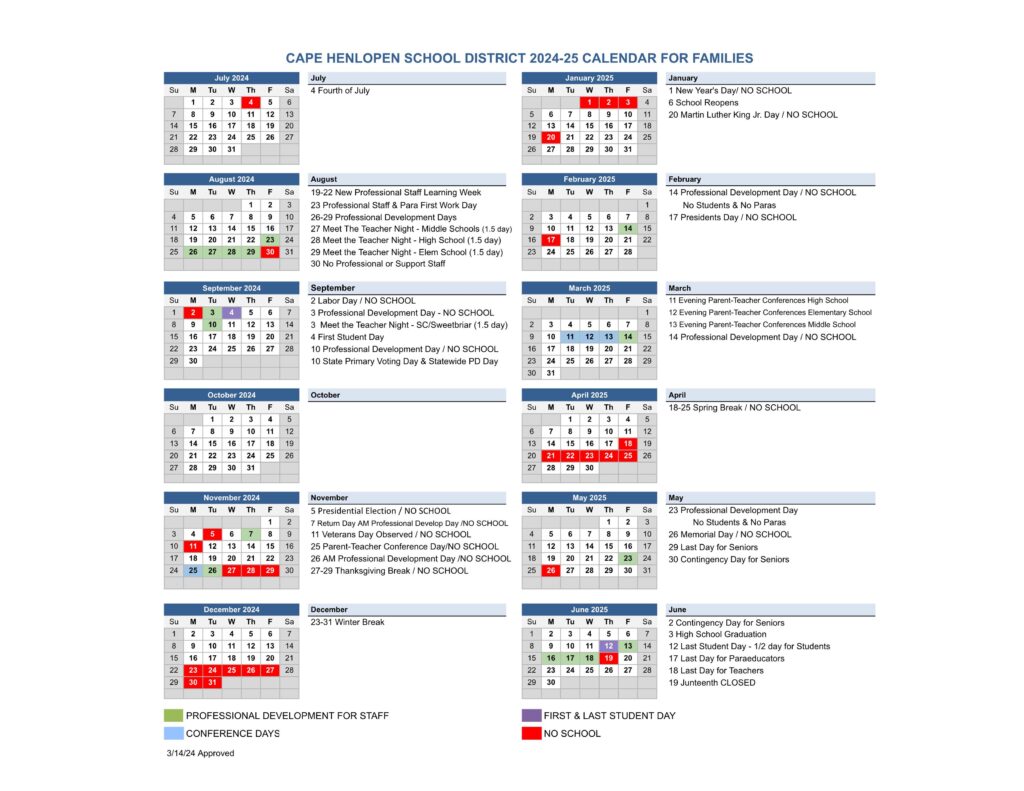 Cape Henlopen School district calendar 24-25
