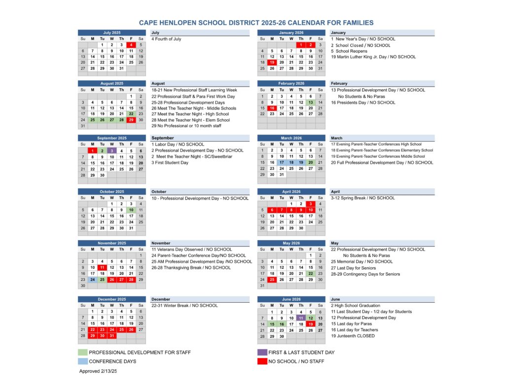 Cape Henlopen School District Calendar 25-26 [PDF]