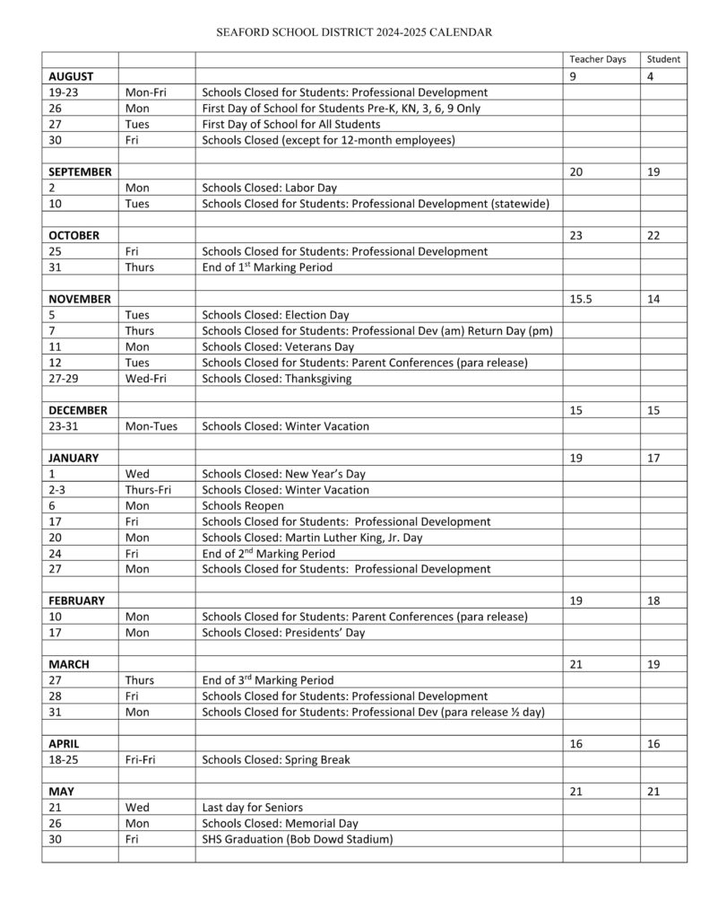 SEAFORD SCHOOL DISTRICT CALENDAR DE 24-25