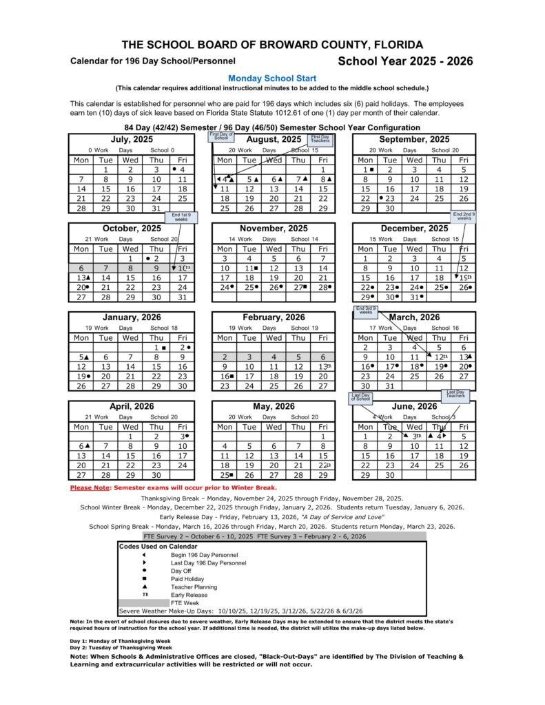 Broward County School Calendars 25-26