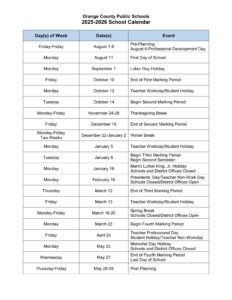 Orange County FL Schools Calendar 25-26