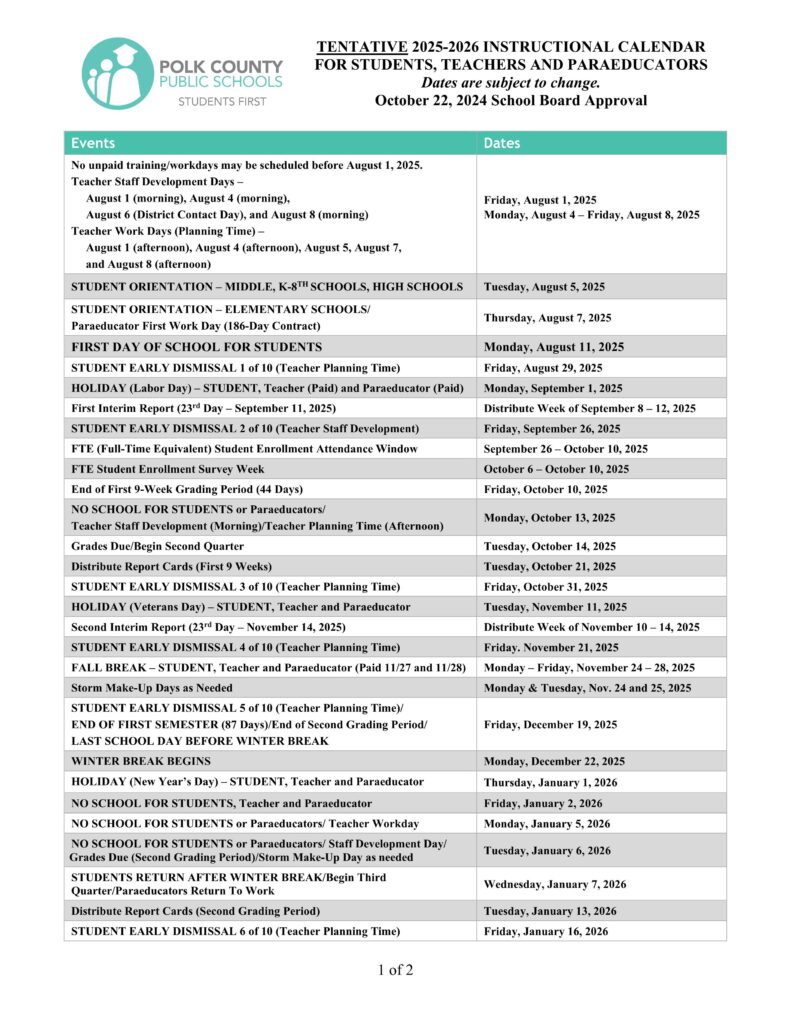 Polk county fl schools calendar 25-26