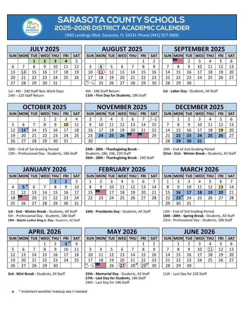 SARASOTA COUNTY SCHOOLS CALENDAR 25-26