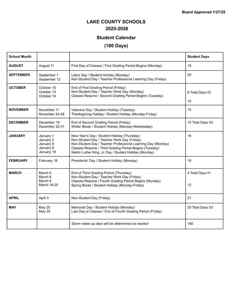Lake County Schools FL Calendar 25-26