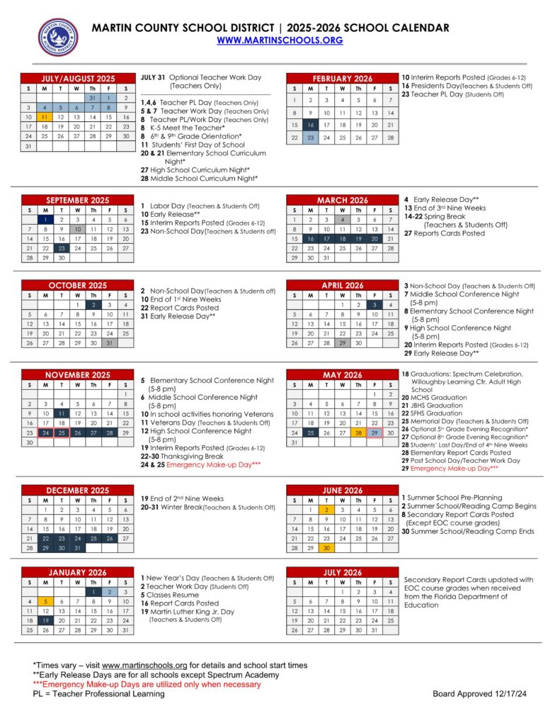 MARTIN COUNTY SCHOOLS CALENDAR 25-26