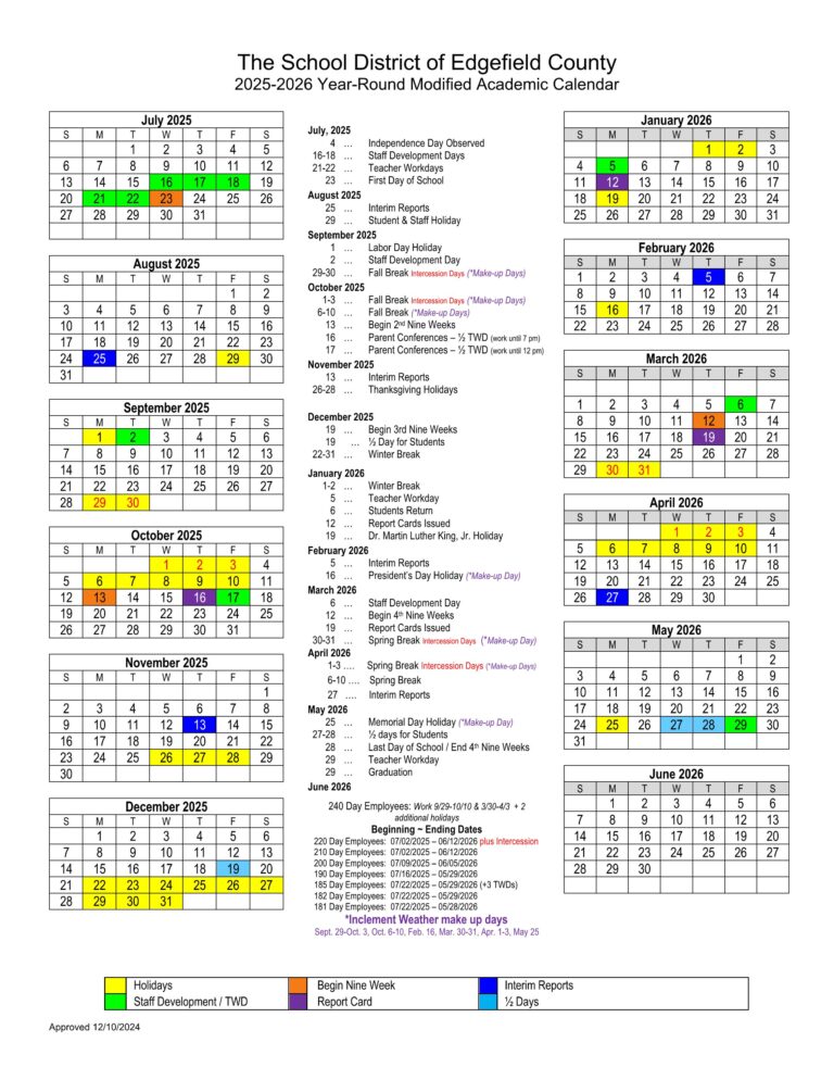 Edgefield County SC Schools Calendar