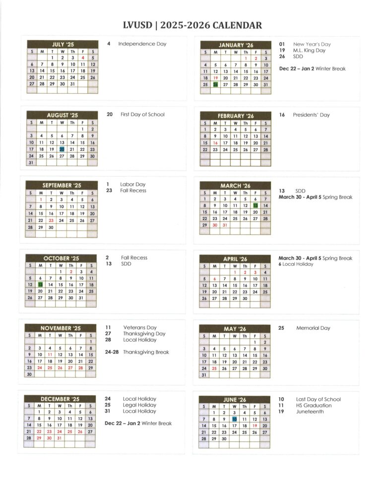 Las Virgenes Unified School District calendar 25-26
