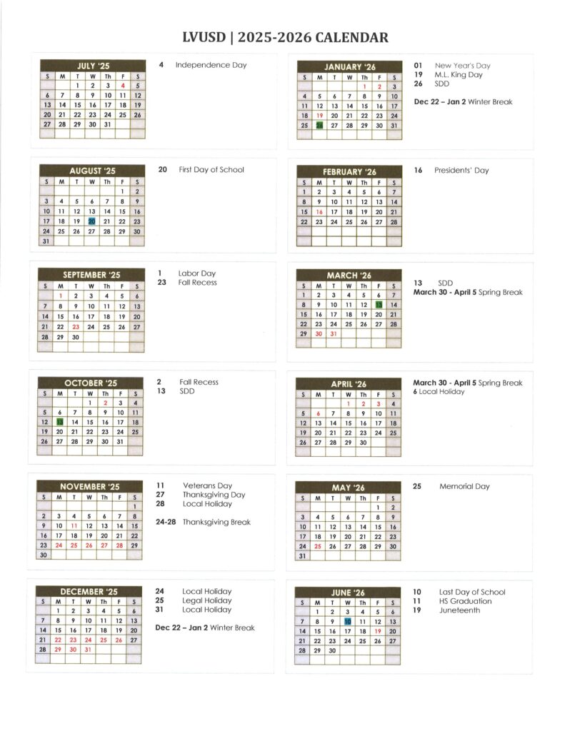 Las Virgenes Unified School District calendar 25-26