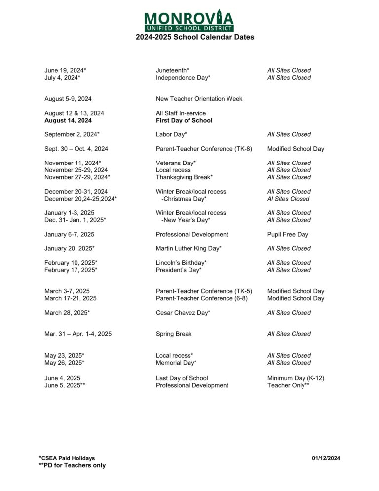 Monrovia Unified School District calenader 24-25