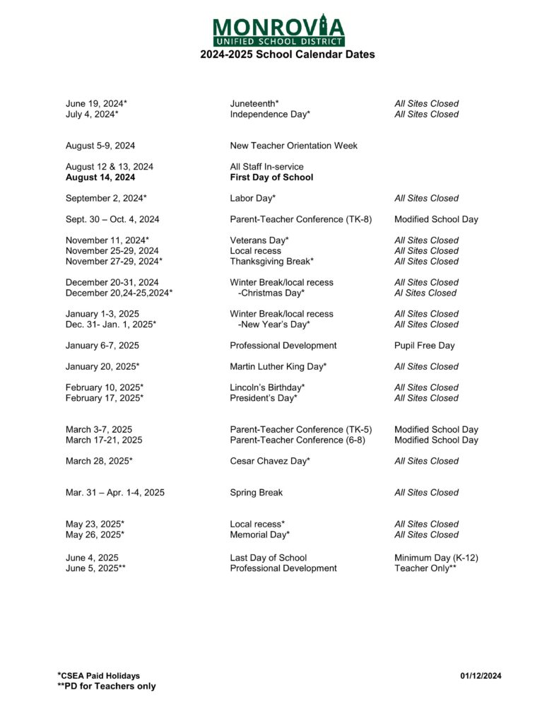 Monrovia Unified School District calenader 24-25