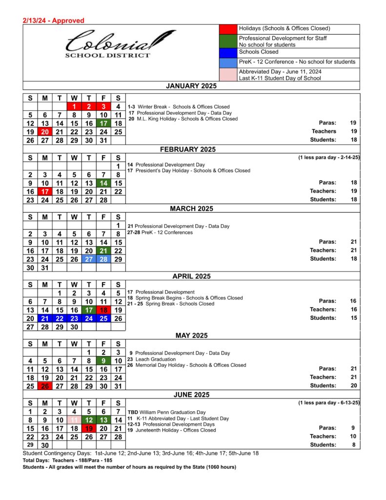 colonial school district de calendar 24-25
