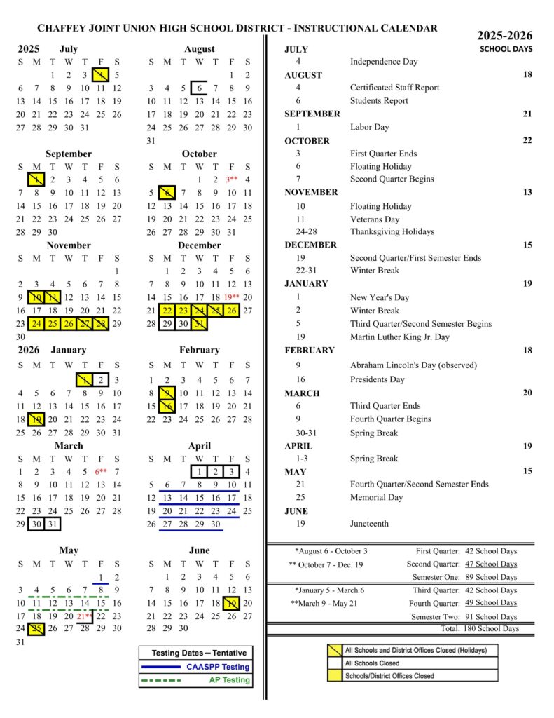 Chaffey Joint Union High School District Calendar 25-26 [PDF]