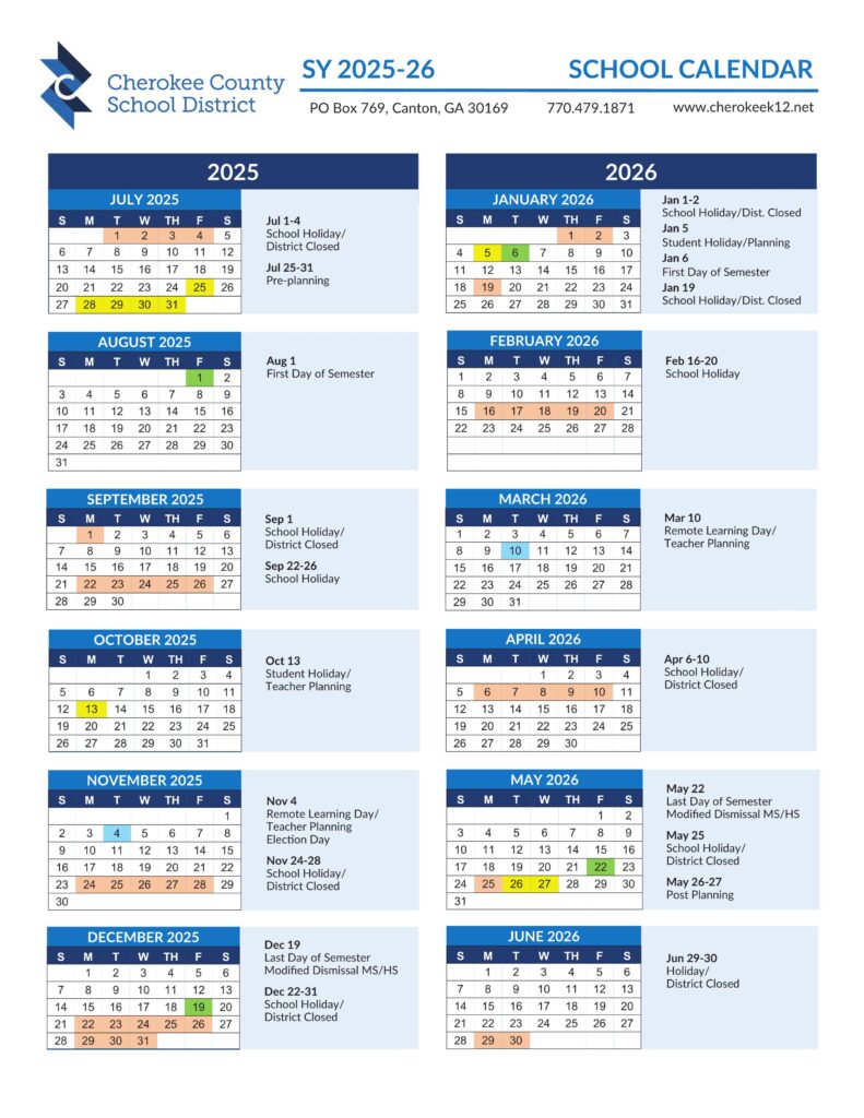 Cherokee County ga schools calendar