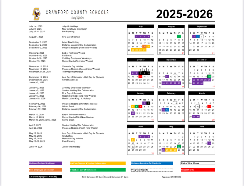 Crawford County, Georgia School Calendar