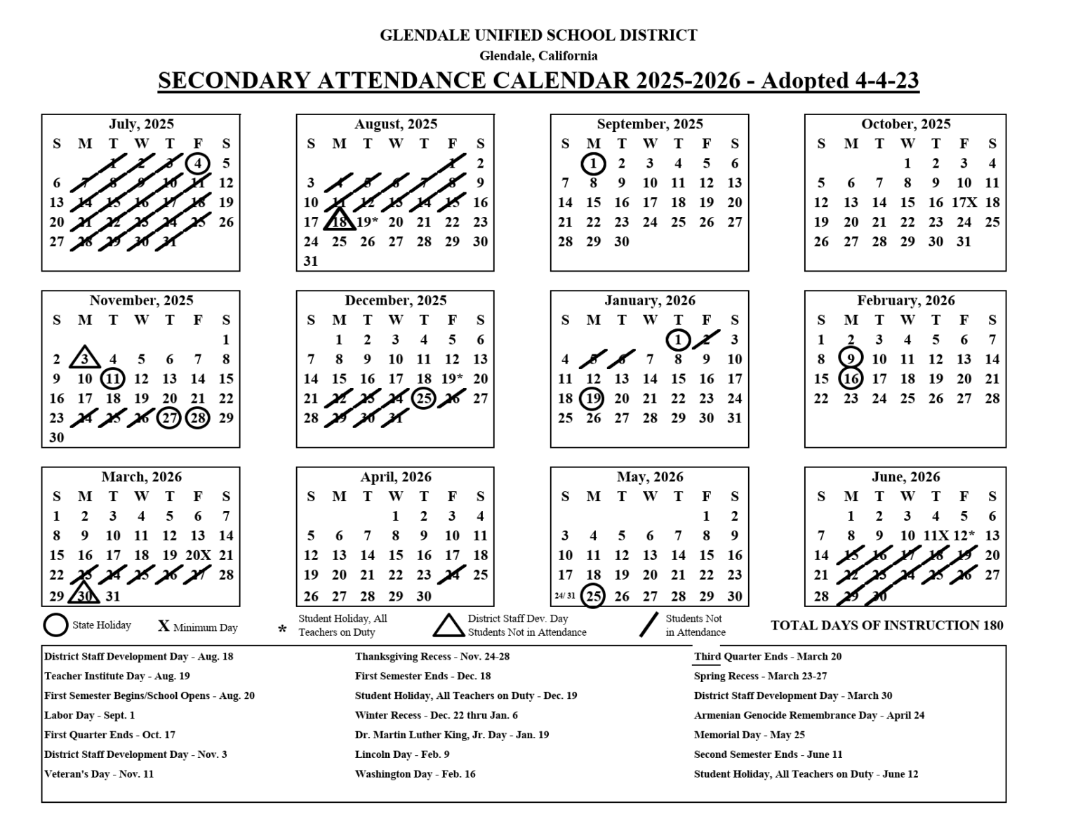 Glendale Unified GUSD Calendar 25 26 PDF EduCounty