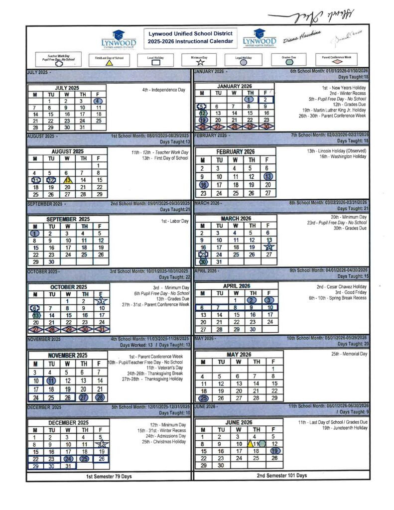 Lynwood Unified School District calendar 25-26