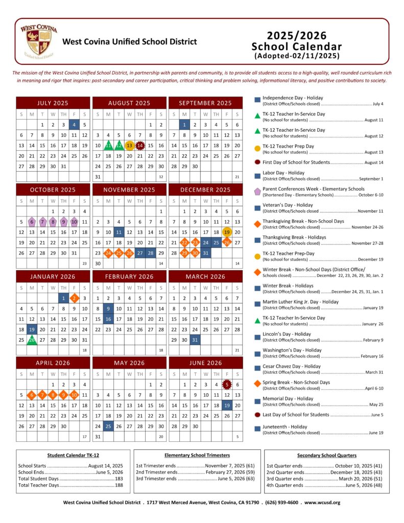 west covina school calendar 25-26