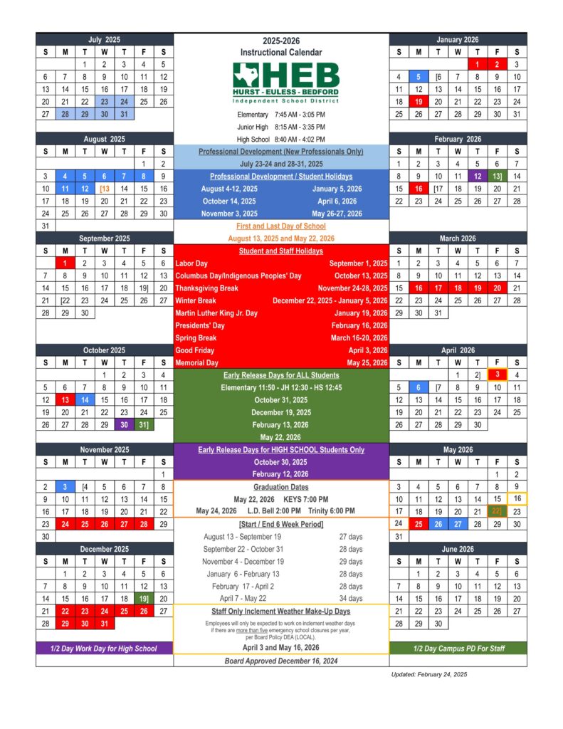 heb isd school calendar 25-26