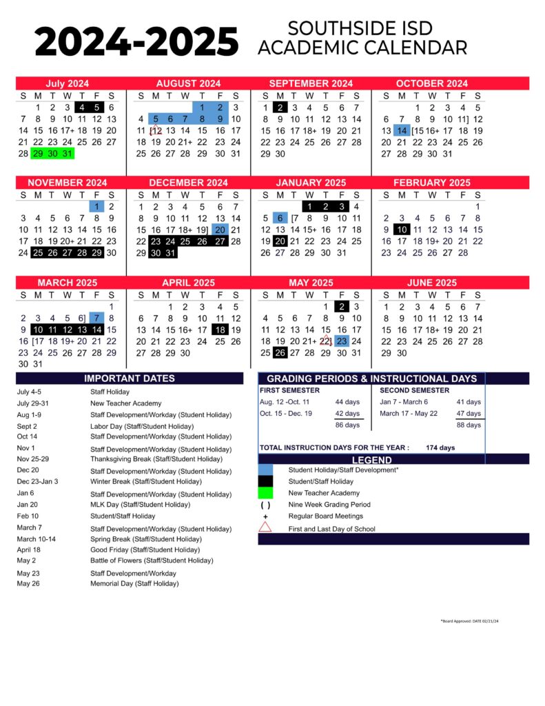 SOUTHSIDE ISD SCHOOL DISTRICT CALENDAR 24-25