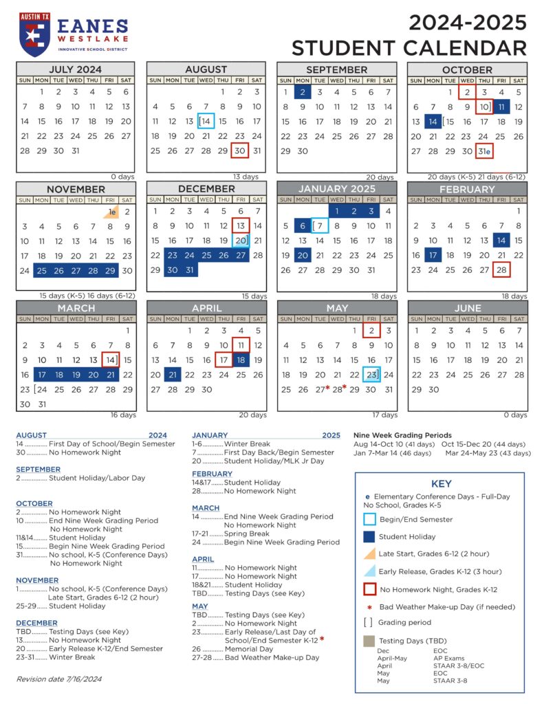 EANES WESTLAKE ISD SCHOOL CALENDAR 24-25