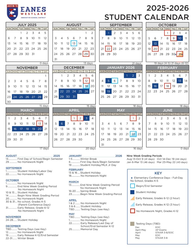 EANES WESTLAKE ISD SCHOOL CALENDAR 25-26