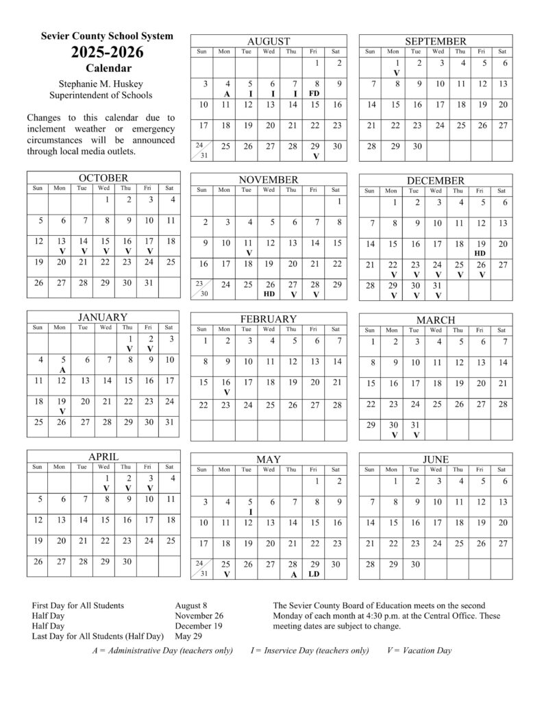 Sevier County Schools Calendar 25-26