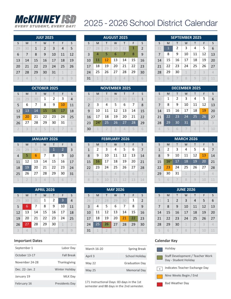 McKinney ISD school Calendar 25-26