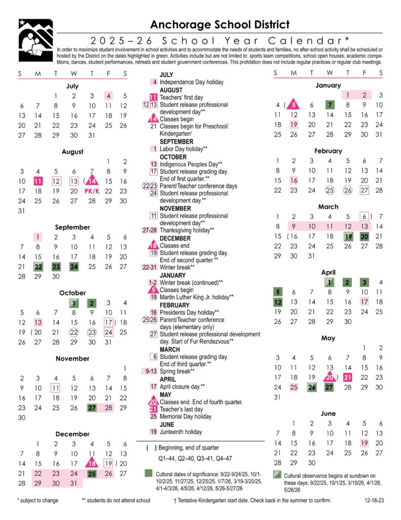 Anchorage schools District calendar 25-26