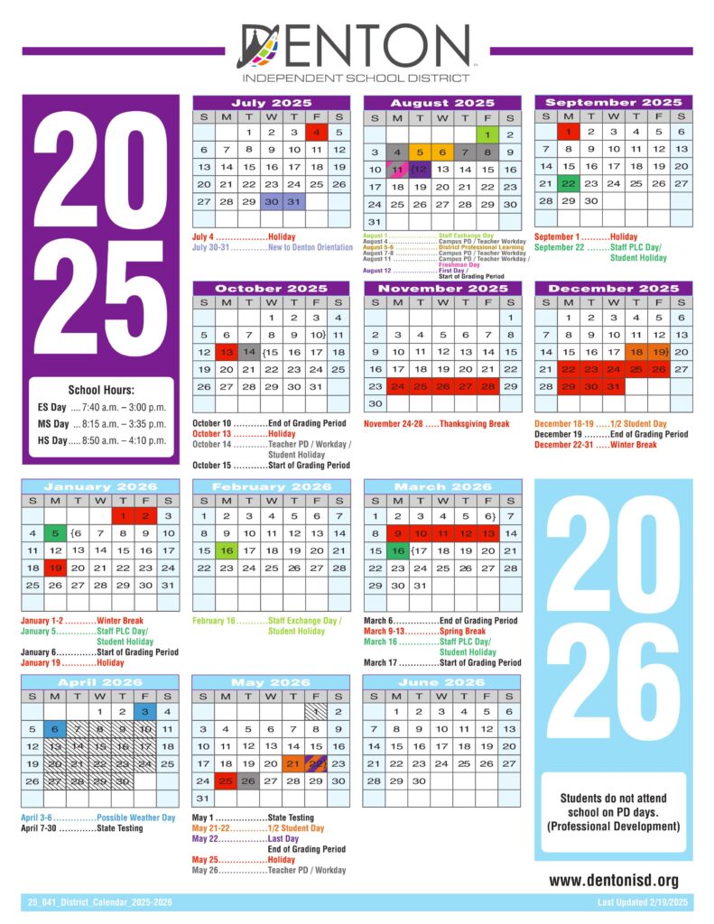 DENTON ISD SCHOOL DISTRICT CALENDAR 25-26
