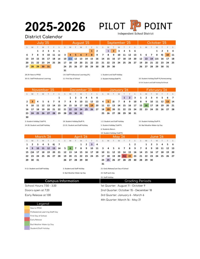 PILOT POINT ISD SCHOOL CALENDAR 25-26
