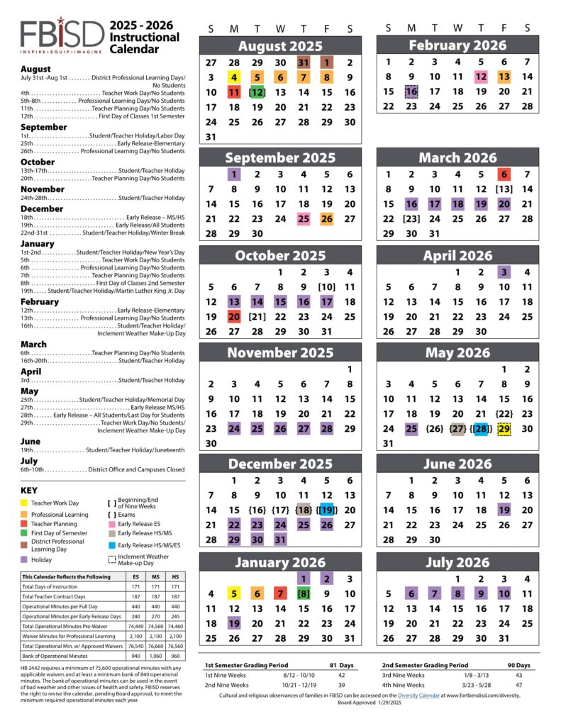 FORT BEND ISD FISD CALENDAR 25-26