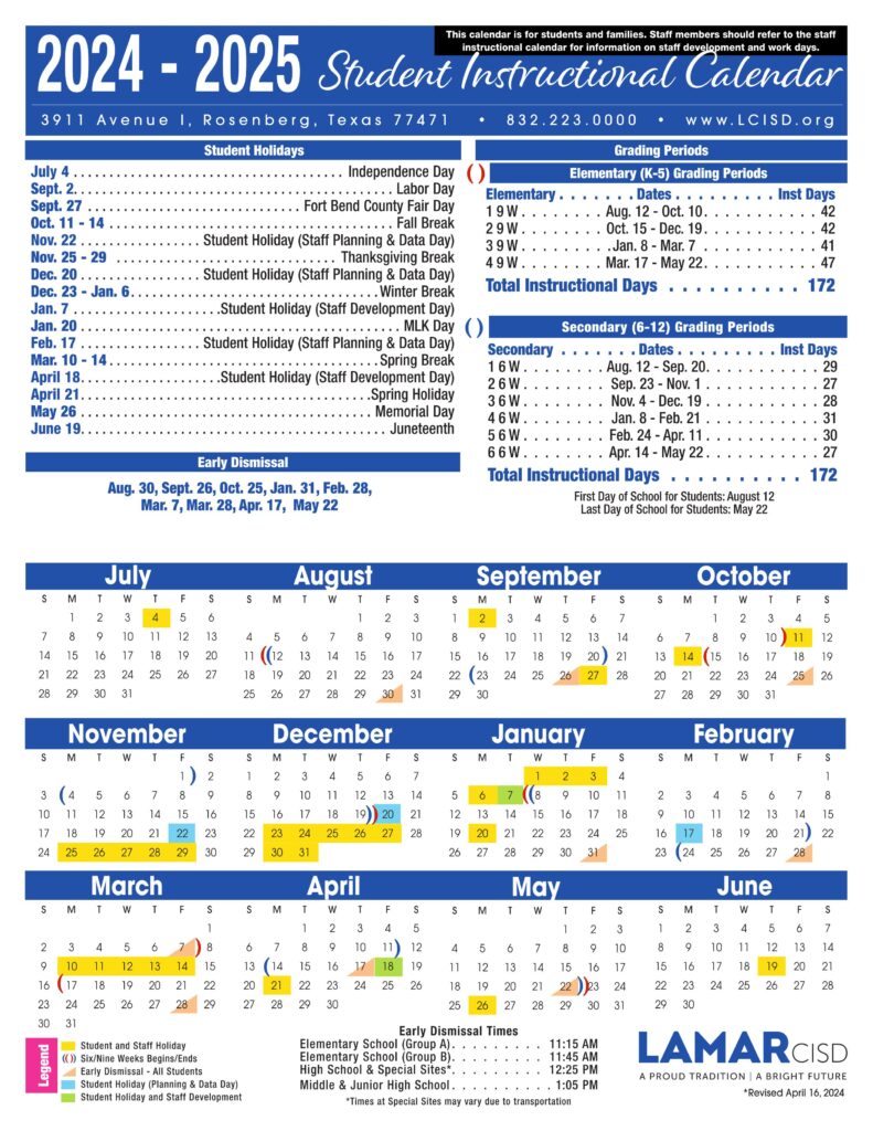 lamar lcisd school calendar