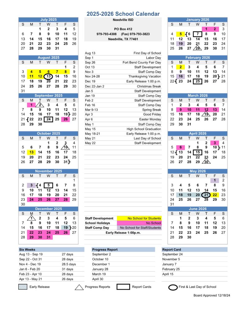 Needville ISD School Calendar 25-26
