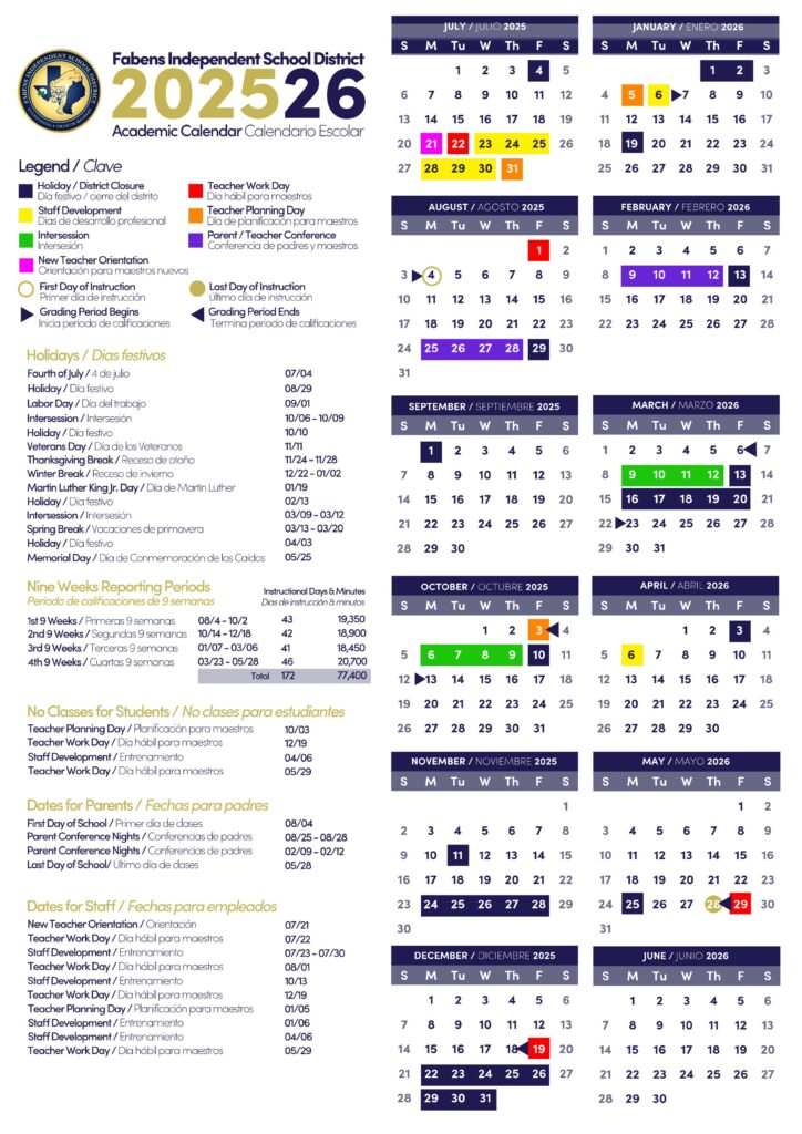 FABENS ISD School Calendar 25-26 [PDF]