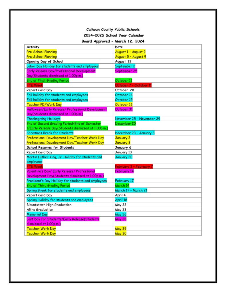Calhoun County Schools calendar 24-25