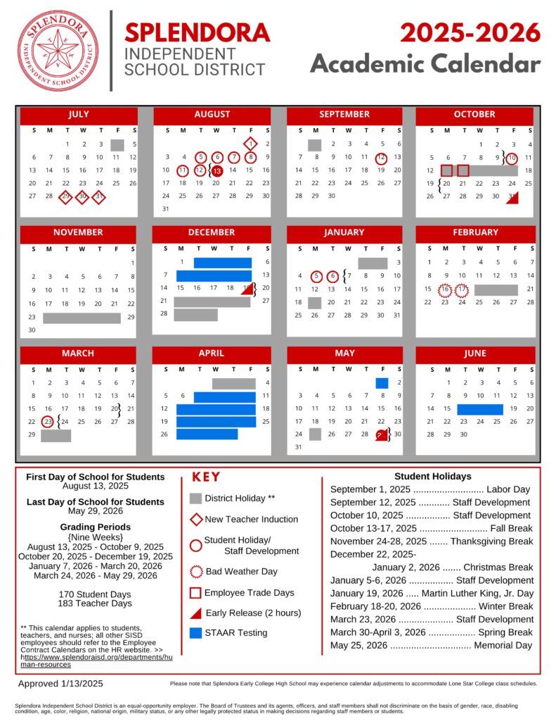 SPLENDORA ISD SCHOOL CALENDAR 25-26 sisd
