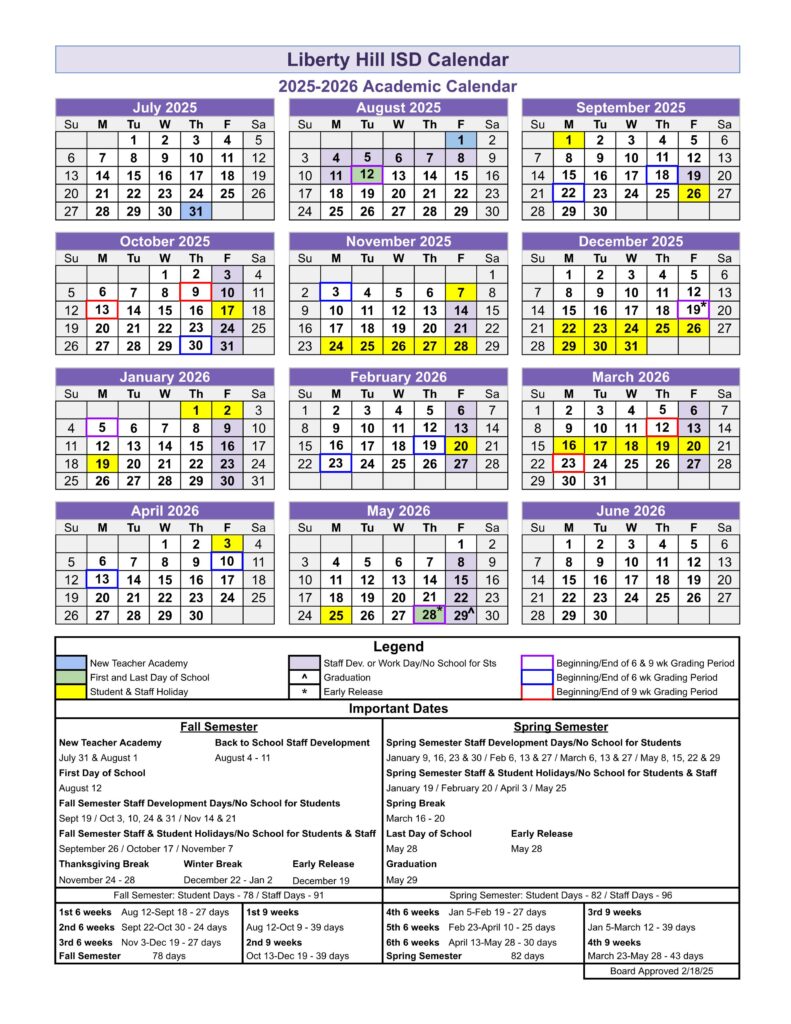 LIBERTY HILL ISD SCHOOL CALENDAR 25-26