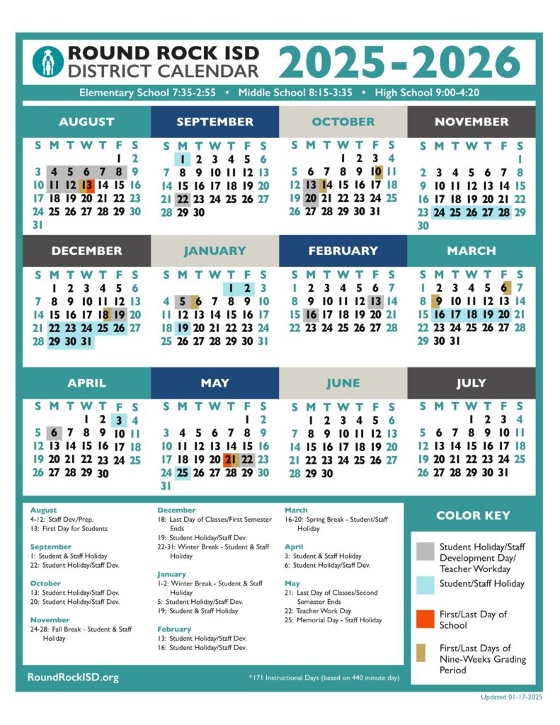 ROUND ROCK ISD school calendar 25-26