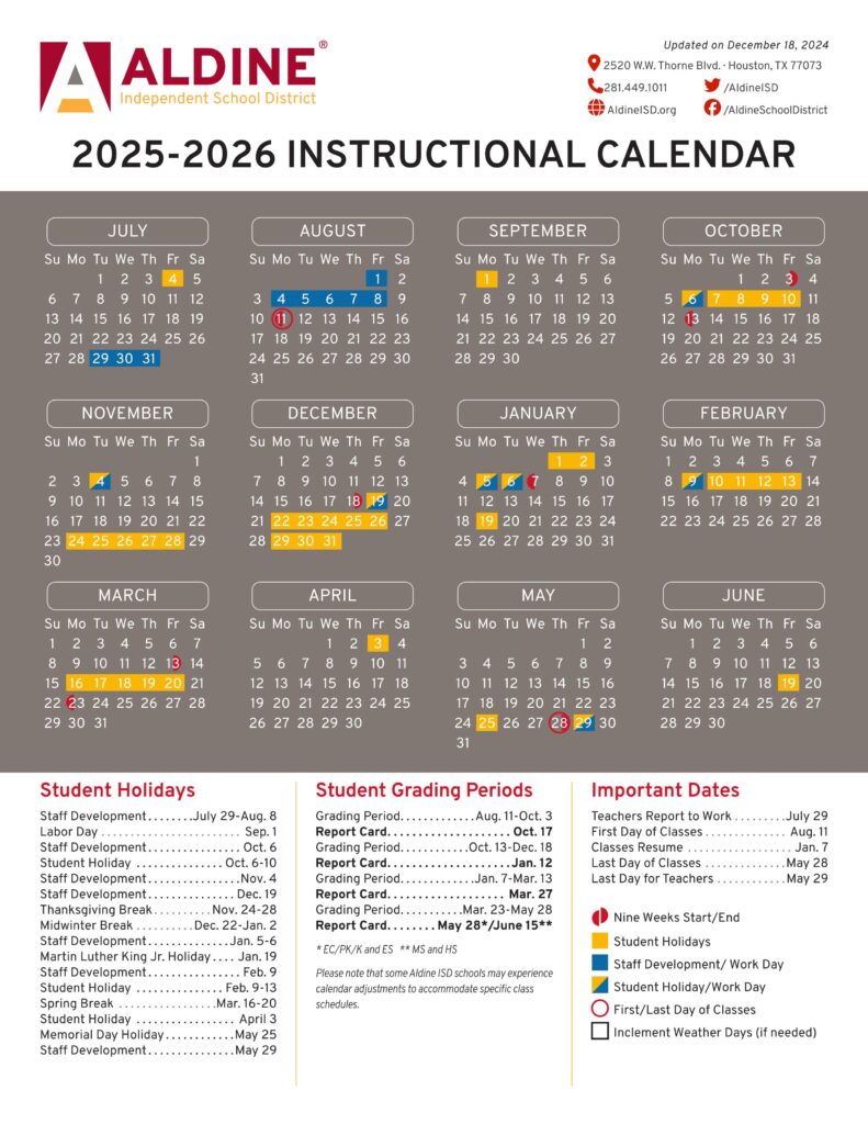 aldine isd schools calendar 25-26