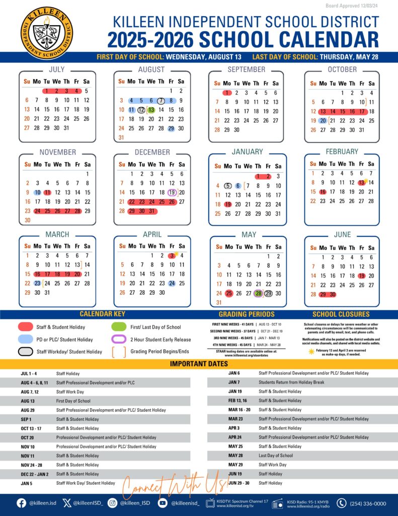 KILLEEN ISD SCHOOL CALENDAR 25-26