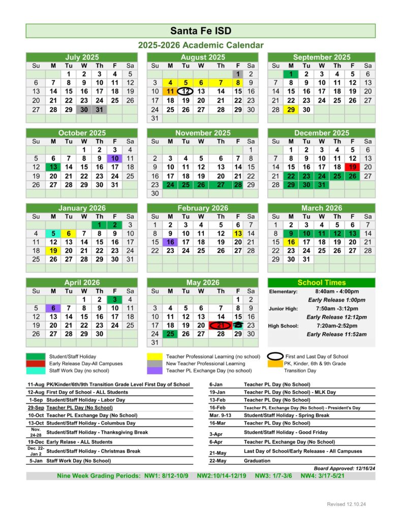 SANTA FE ISD SCHOOL CALENDAR 25-26