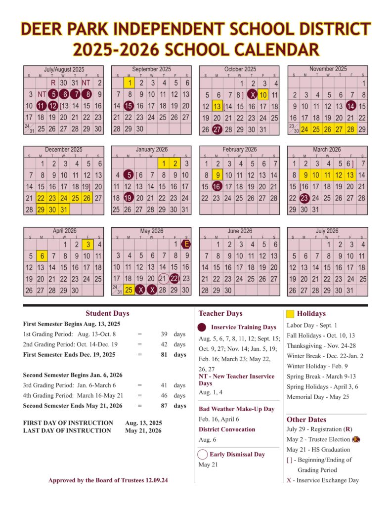 Deer Park isd schools calendar 25-26
