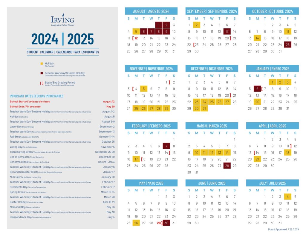 irving isd school calendar 24-25