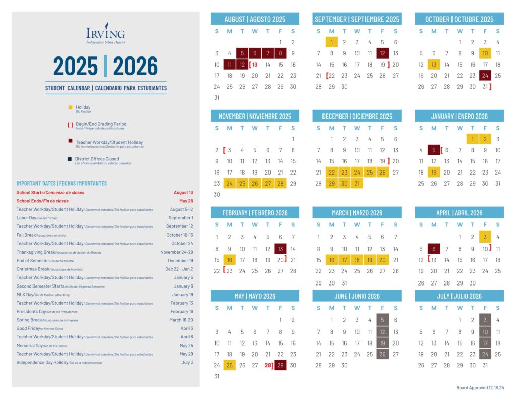 irving isd school calendar 25-26