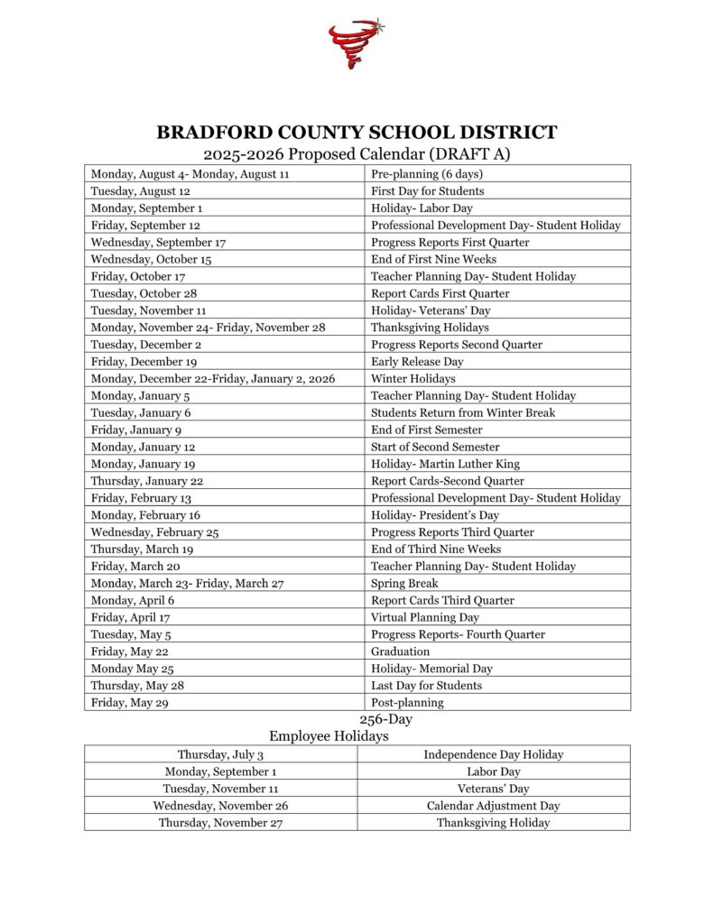 Bradford County schools calendar 25-26