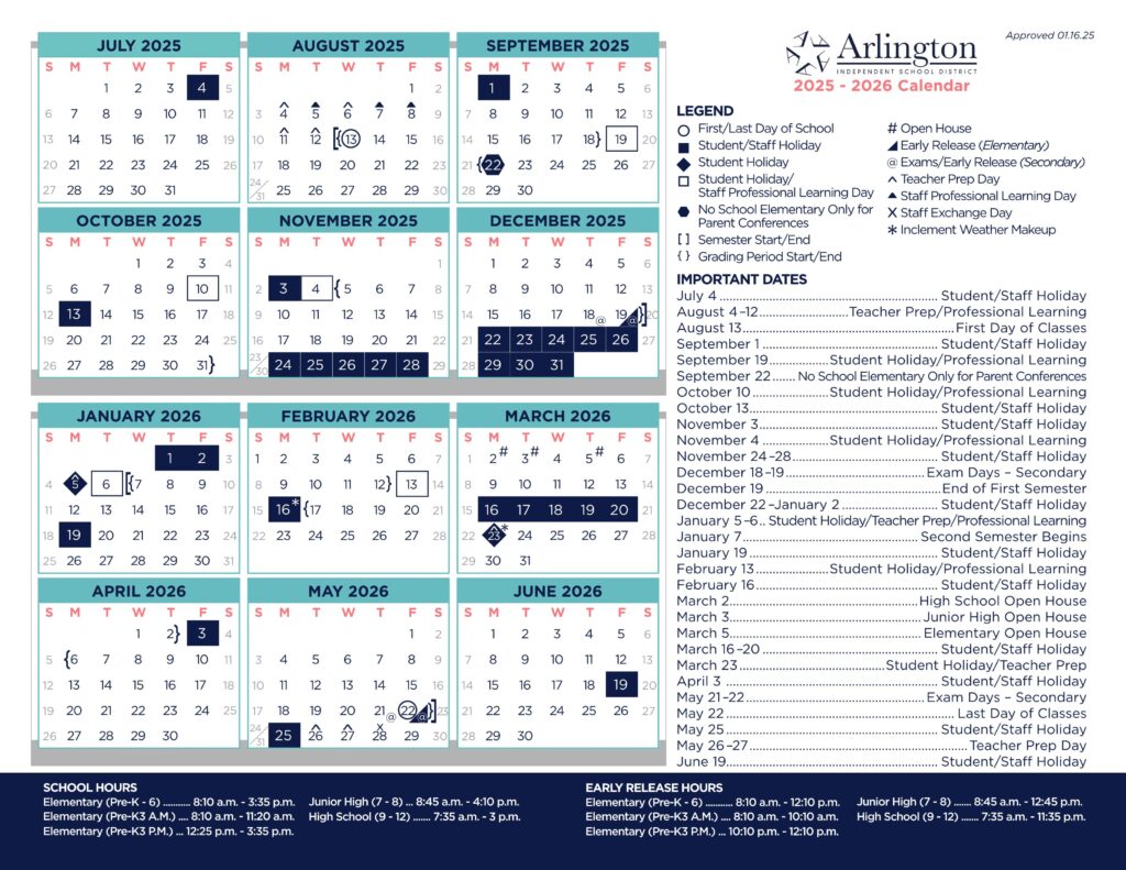 Arlington isd school calendar 25-26